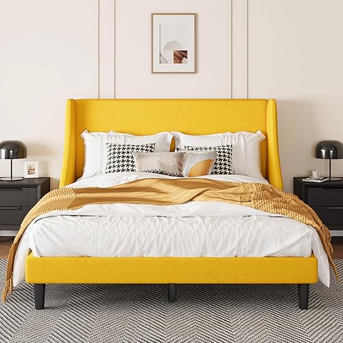 Miniatura 10 de SHA CERLIN Base de cama de plataforma tamaño Queen con cabecero tapizado, elegante diseño de respaldo de alas, soporte de listones de madera