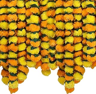 Marubhumi Artificial Marigold Flower Strands Garland for Diwali Decor,5 Feet Long Strands, Garland for Decoration, Diwali Decorations for Home, Christmas Decor Wedding Decor, Mango Yellow - 5 PCS