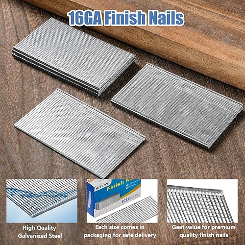 Vista 3 de Clavos de acabado recto calibre 16, 1-1/2 pulgadas, paquete de 1000 galvanizados, para clavadora neumática, eléctrica de acabado recto de 16GA