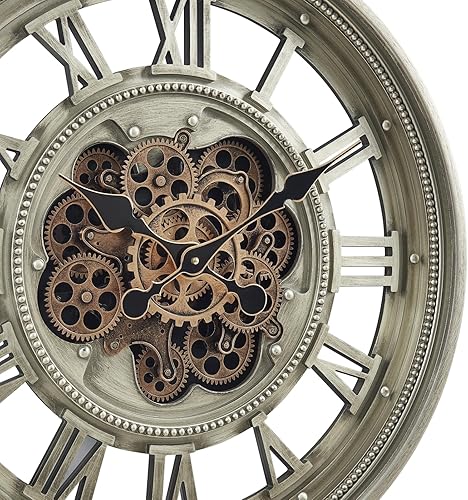 Miniatura 4 de CLXEAST Reloj de pared de 24 pulgadas con engranajes móviles, relojes de pared grandes de gran tamaño con números romanos para decoración de sala de