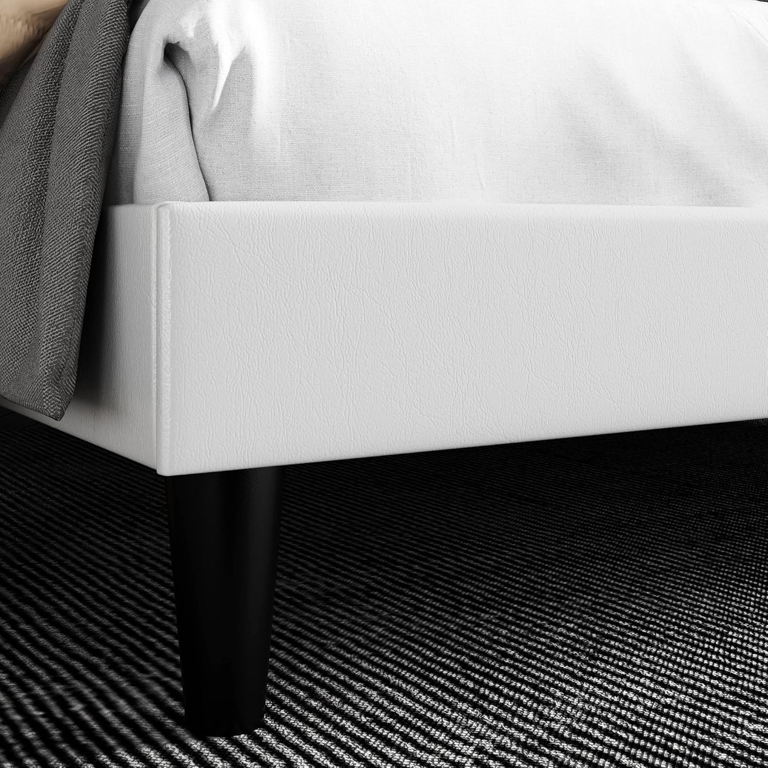 SHA CERLIN Full Size Bed Frame with Button Tufted Headboard, Faux Leather Upholstered Mattress Foundation, Platform Bed Frame, Wooden Slat Support, No Box Spring Needed, White