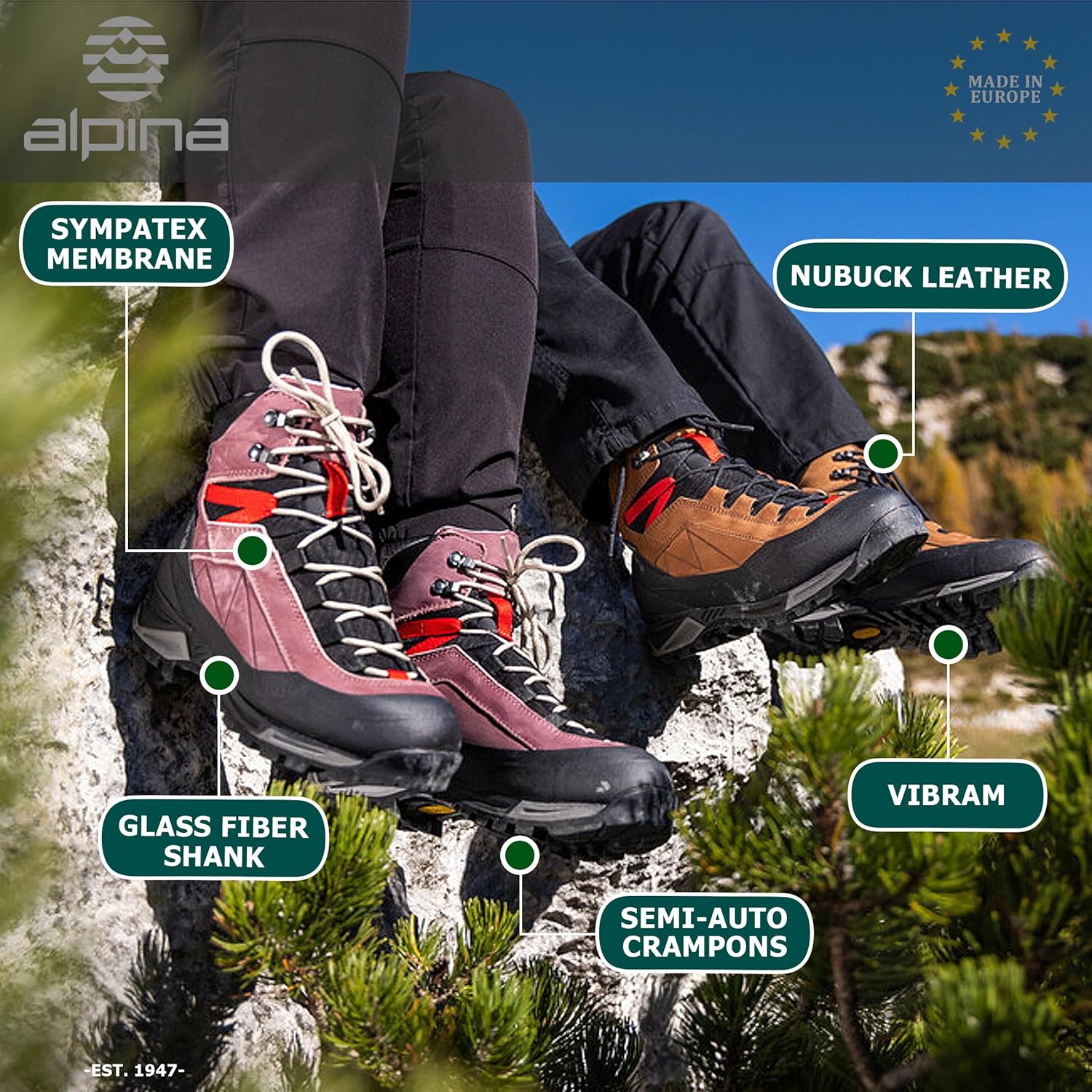 Alpina CARABINER Mountaineering Hiking Boot | 8 inch Waterproof Trekking & Climbing Shoes | Sympatex Breathable Membrane | VCP Variable Fit | Neoprene Collar | All Weather Grip from Vibram | Made in Europe