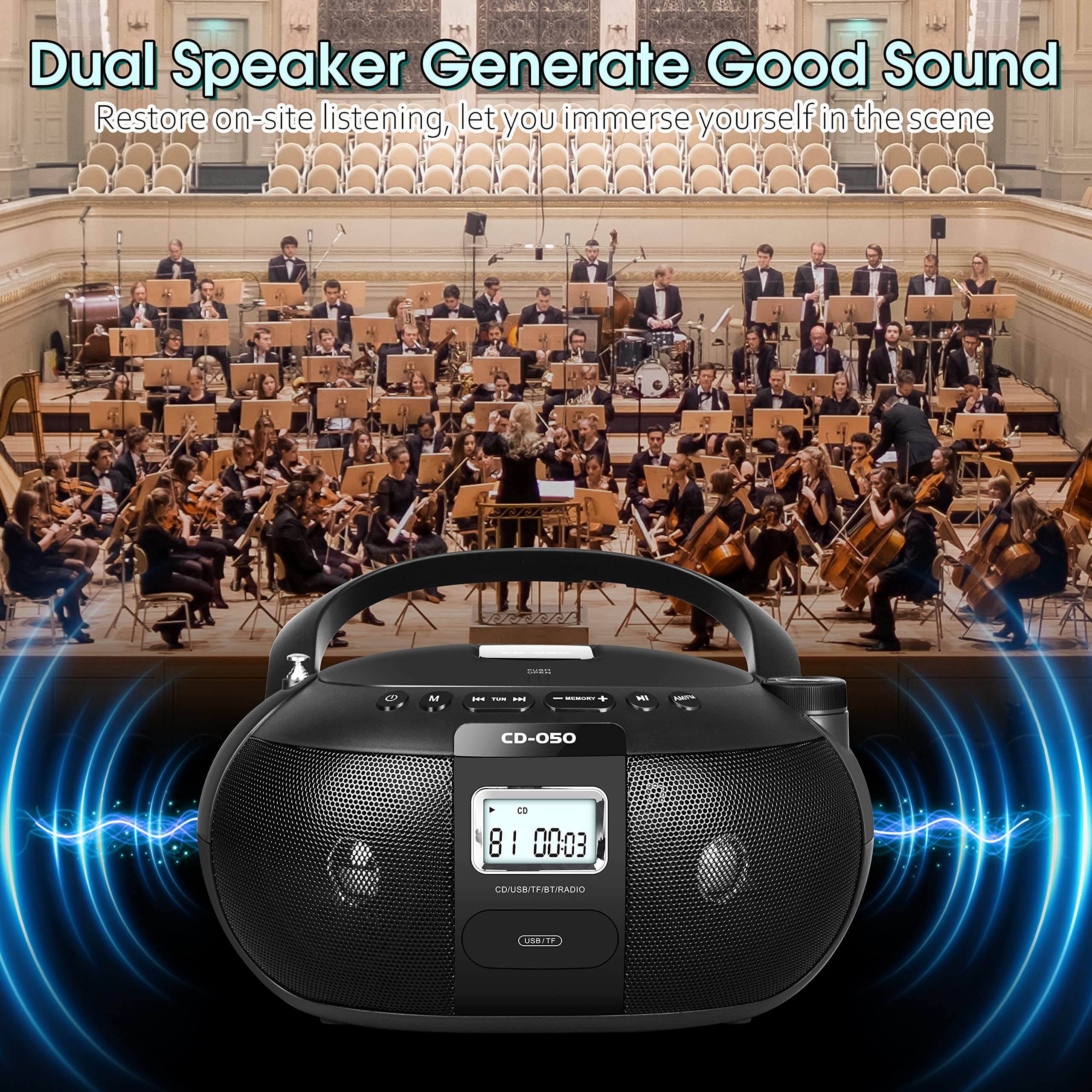 Greadio CD Player Portable Boombox with AM FM Stereo Radio, Bluetooth 5