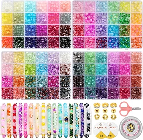 Funtopia Kit de fabricación de pulseras con cuentas de vidrio 3524 piezas, 4 tipos 96 colores cuentas de vidrio redondas de 6 mm para pulseras,