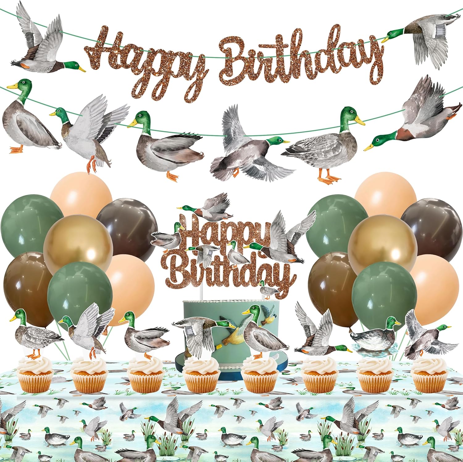 Mallard Duck Birthday Party Decorations Mallard Duck Happy Birthday Banners Cake Cupcake Toppers Balloons Tablecloth for One Lucky Duck Hunting Party Supplies