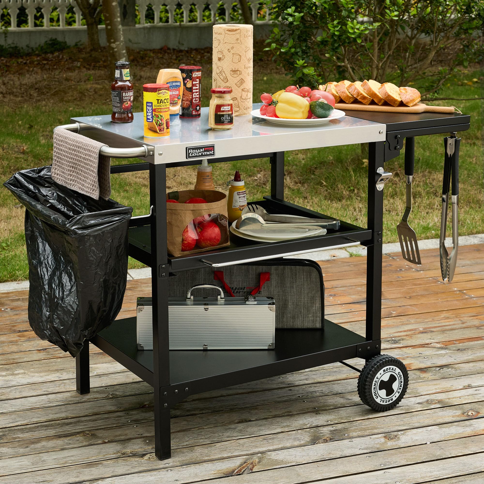 Royal Gourmet Postre Exterior para Plancha, 3 estantes Carro para Barbacoa con Mesa de Acero Inoxidable 70 x 50 cm y Mesa Auxiliar Plegable de 30 x 50 cm, Apto para Cocina y jardín