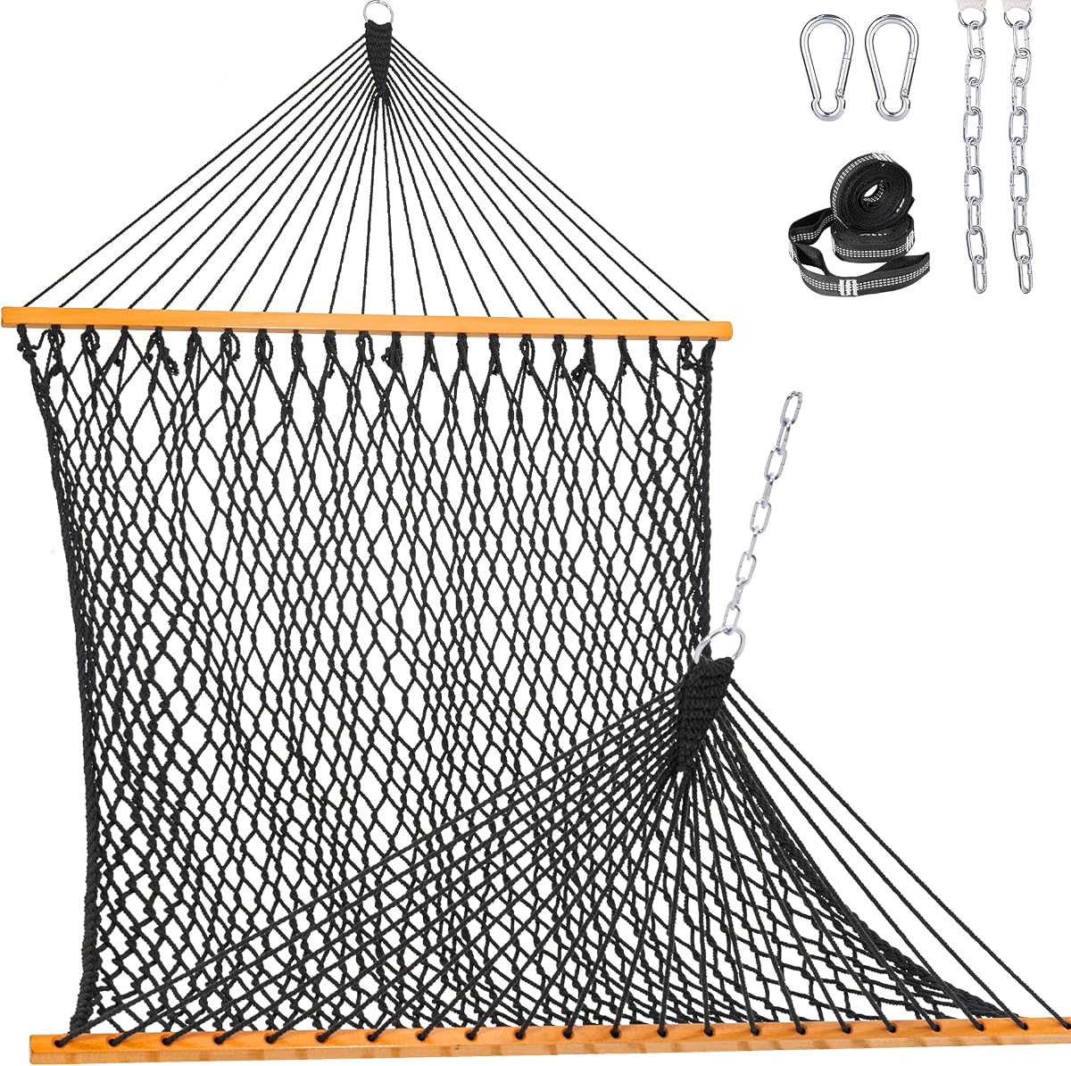 Lazy Daze Double Handwoven Rope Hammock for Outdoor Fits 12-14 Ft Stand | 11 Ft Hammock for 2 Person, with Spreader Bar, Tree Straps, Carabiners, Chains, 450 Lbs Capacity
