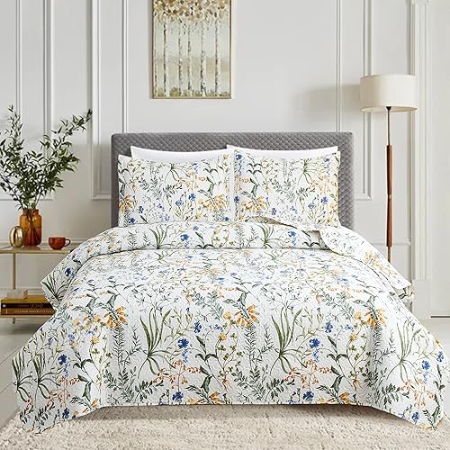 MINCHI Juego de 3 piezas de edredón botánico de flores amarillas y hojas verdes, ligero y suave, para todas las estaciones (amarillo espiga, Queen)