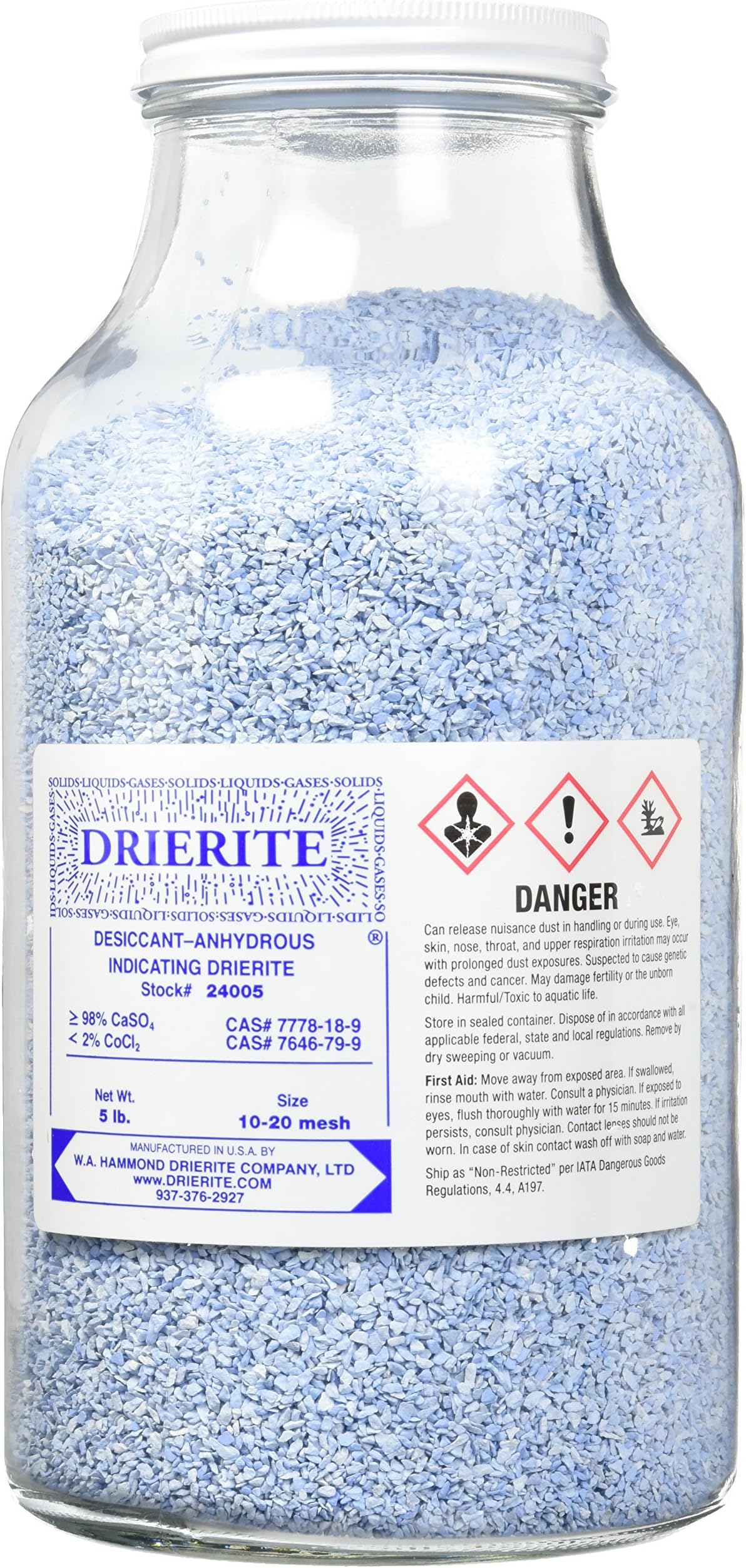 WAH 24005 EA Indicating Drierite, 10-20 Mesh, 5 lb, 10.5" Height, 5.5" Wide, 5.5" Length, Glass