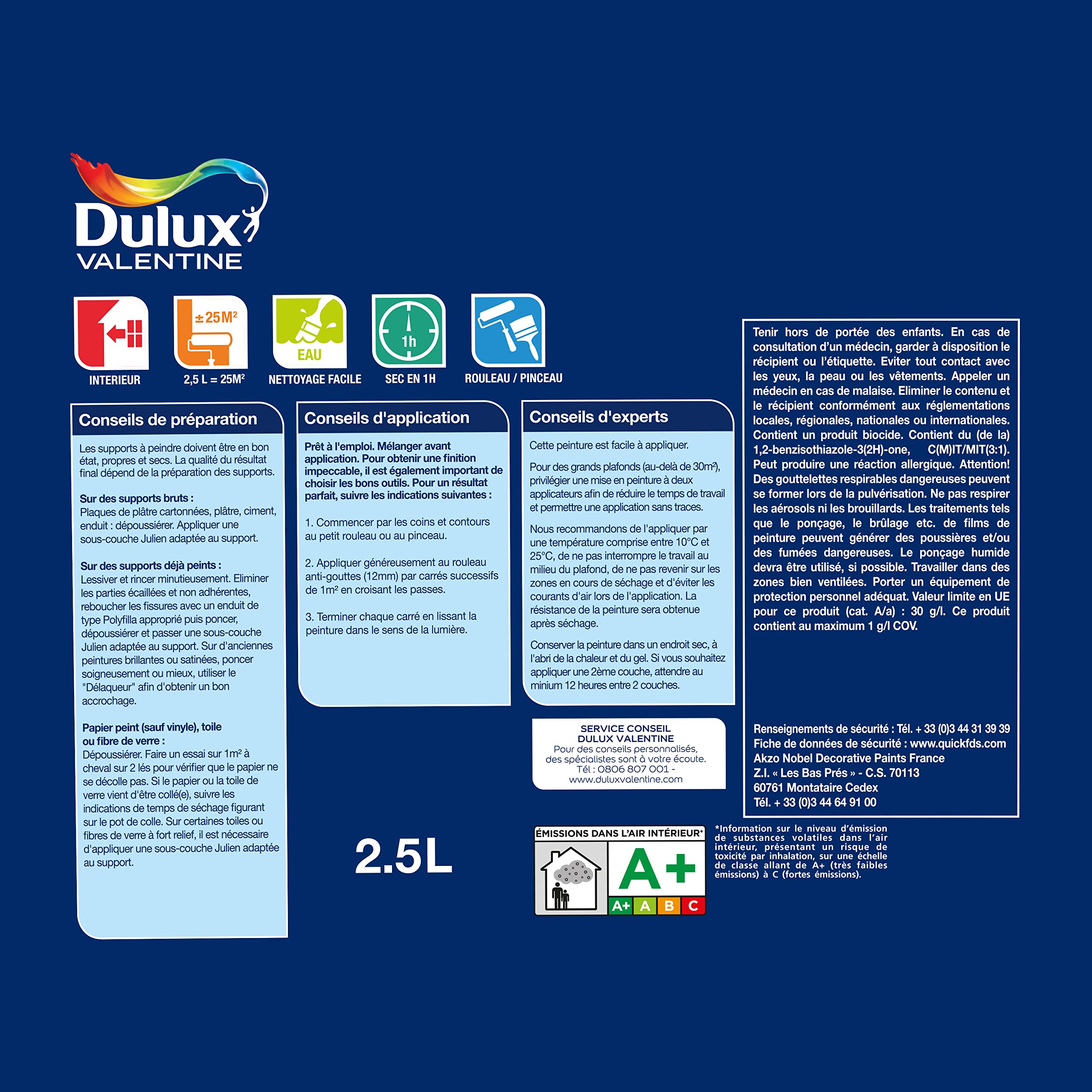 Dulux Valentine Peinture Plafond Finition Parfaite - Masque les Imperfections - Mat Blanc 2,5 L