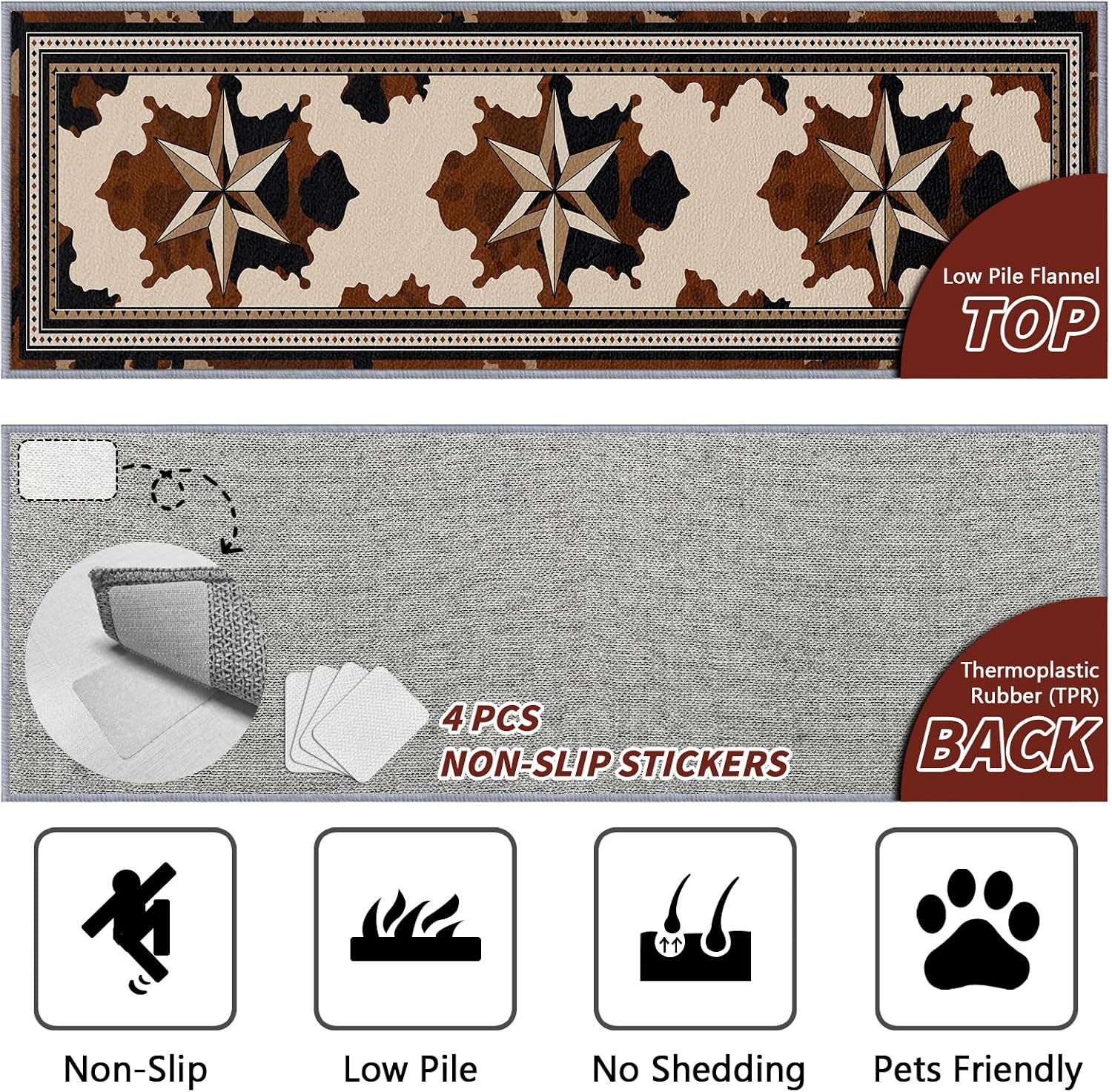 Texas Star Rugs for Living Room, Western Runner Rug, 2x6ft, Vintage Cowhide Print Runners for Hallways, Southwestern Cabin Rustic Runners Non Slip Soft Home Decor