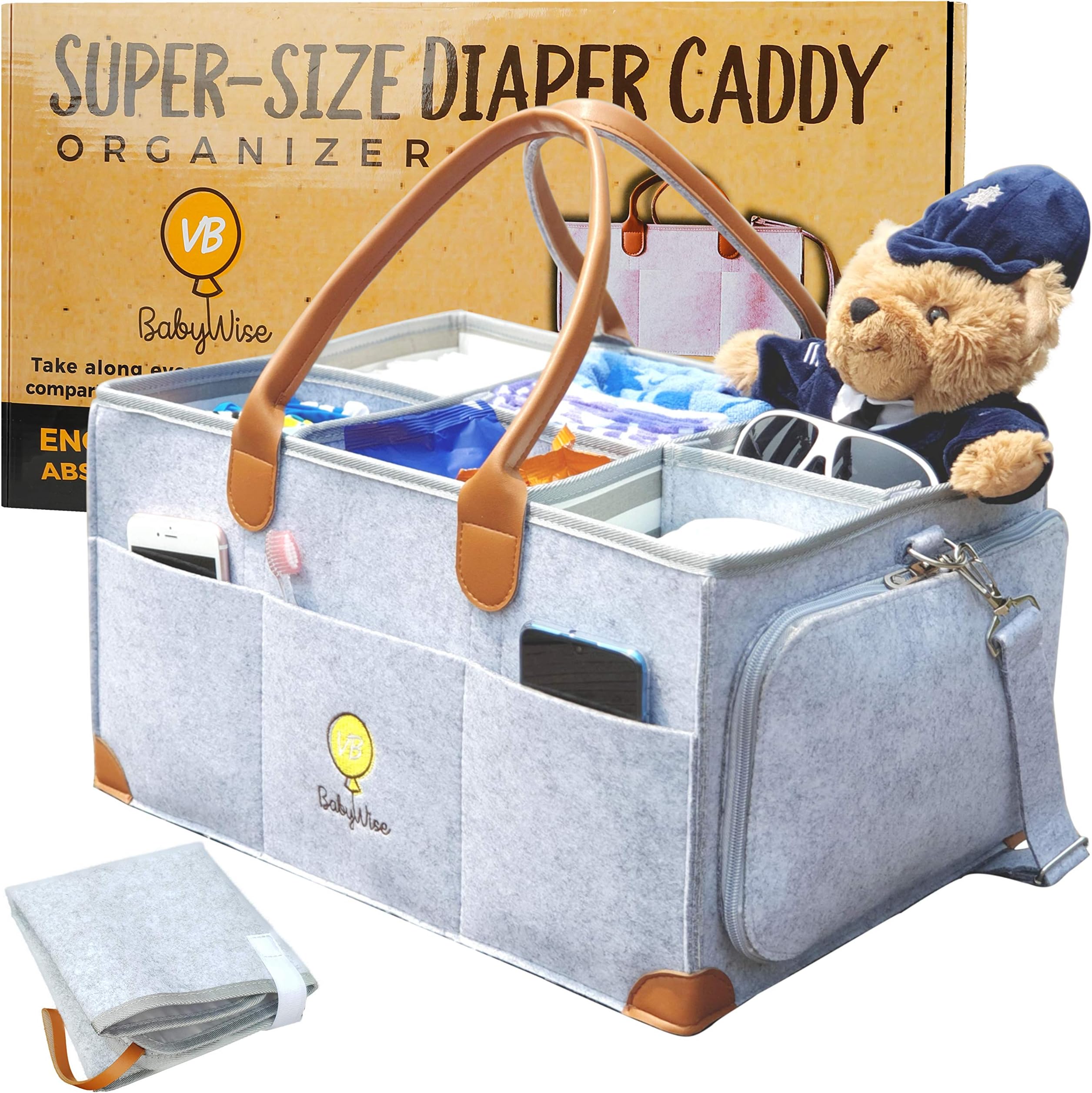 VBBabyWise Baby Diaper Caddy Organizer - Extra-Large 17x12x9 inch Portable Nursery Essential Storage Bin for Home or Traveling or Newborn Baby Shower Gift with Diaper Changing Pad bonus