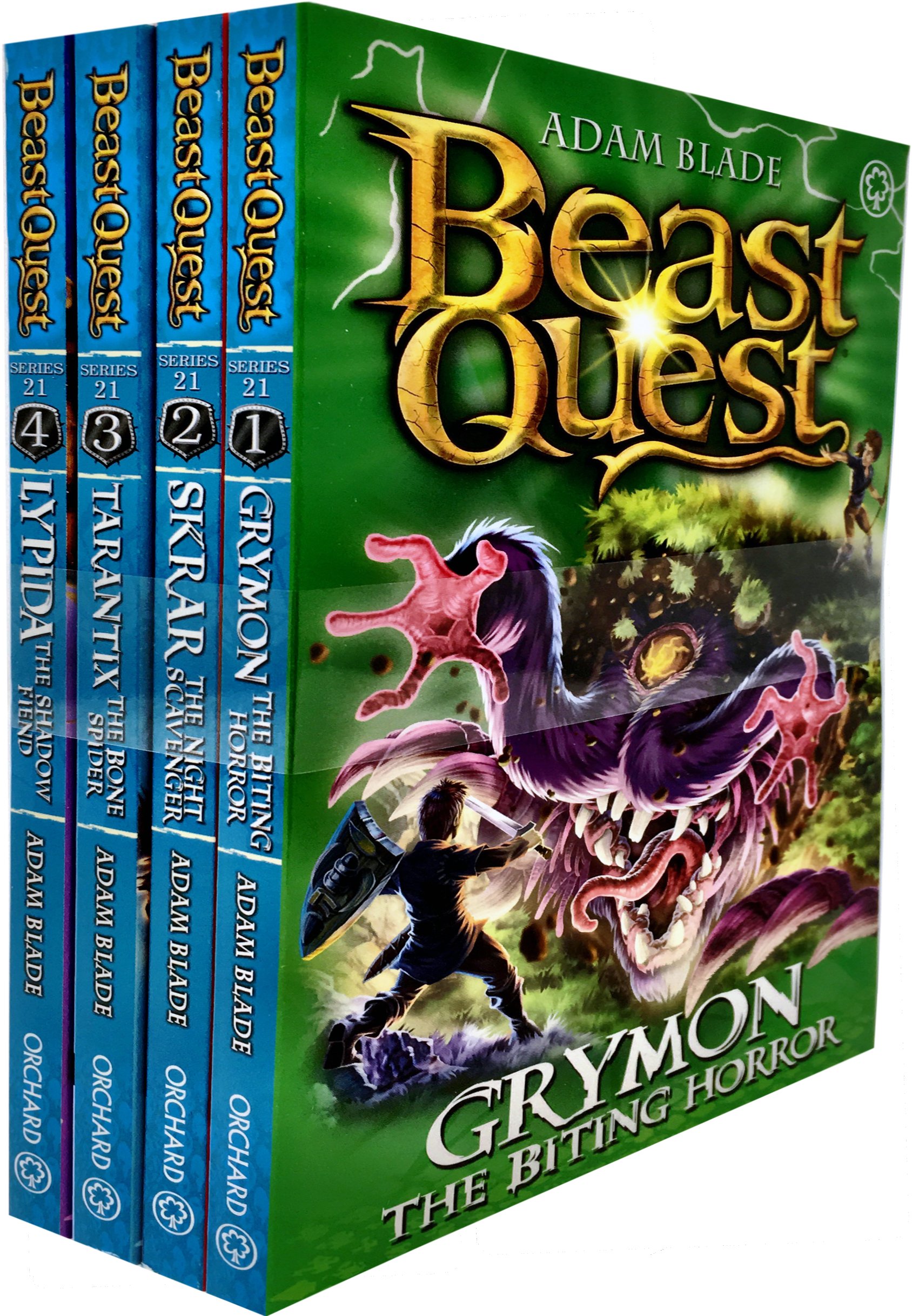 Beast Quest Series 21 Collection 4 Books Set Pack By Adam Blade (Grymon the Biting Horror, Skrar the Night Scavenger, Tarantix the Bone Spider, Lypida the Shadow Fiend) Paperback