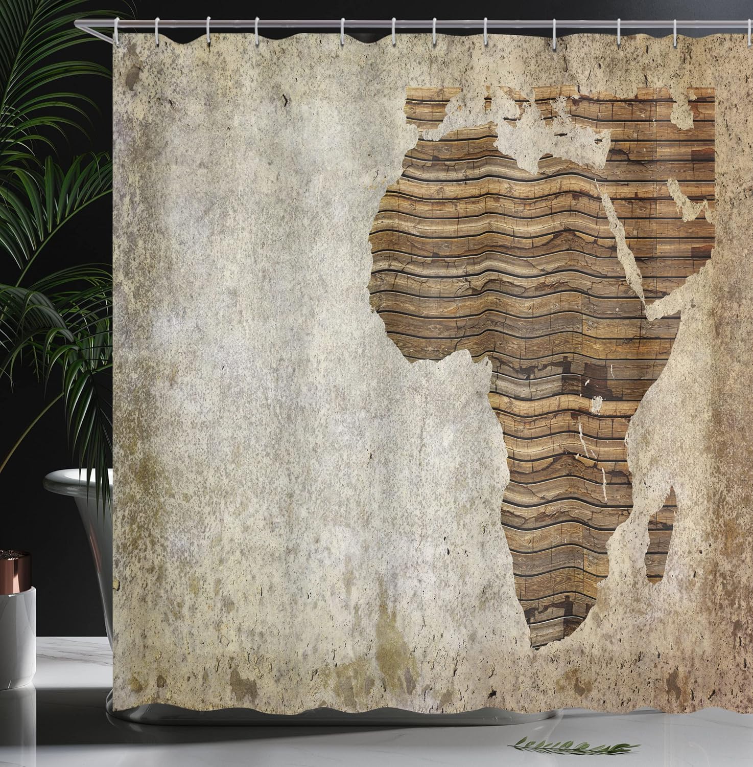 Ambesonne African Shower Curtain, Geography Theme Grunge Vintage Wooden Plank and Map Digital Print, Cloth Fabric Bathroom Decor Set with Hooks, 69" W x 70" L, Tan Umber and Brown