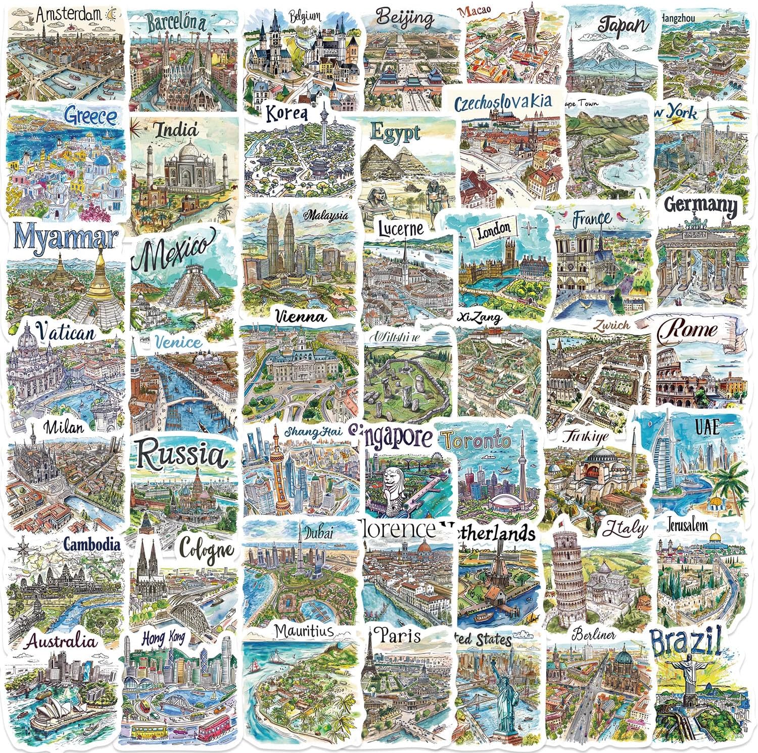 World Travel City Aesthetic Scrapbook Stickers 50PCS Retro Travel Map Decal