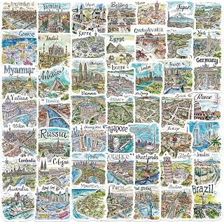 World Travel City Aesthetic Stickers for Scrapbook, 50PCS Travel Map Landmark Vinyl Waterproof Stickers for Water Bottle,Laptop,Suitcase,Journal,Hand-Painted Cityscape Tourism Decals for Teens Adults