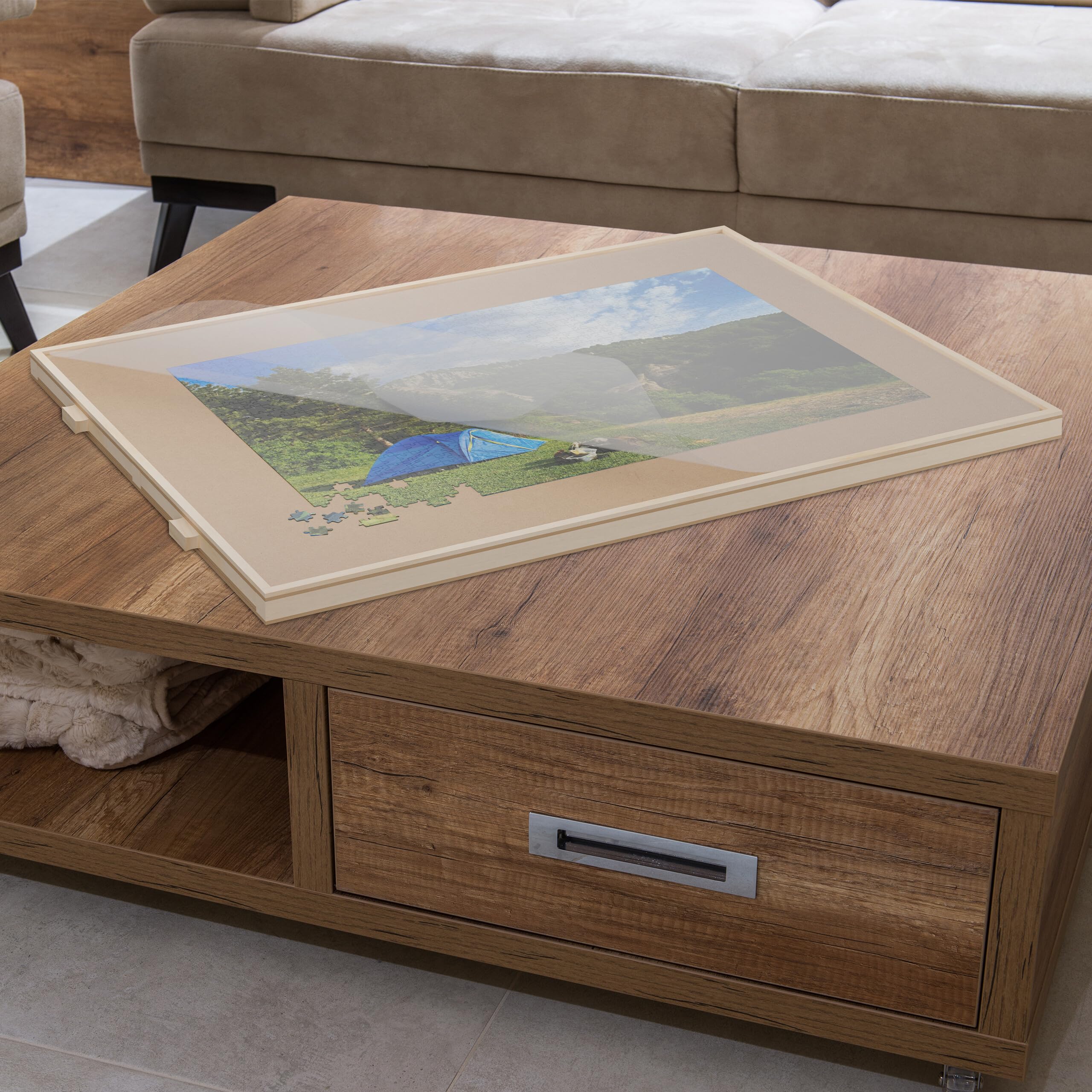 Relaxdays Tablero para Puzzles con 4 Cajones, Organizador Rompecabezas de 1000 Piezas, Giratorio, con Protector, Natural