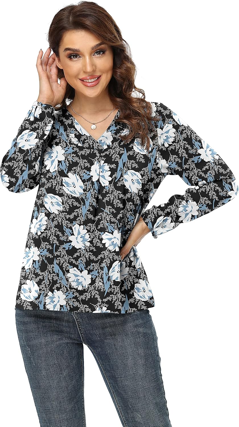 Jouica Blouses for Women Casual Chiffon Blouse Tops Loose V Neck Long Sleeve Blouse - Image 4