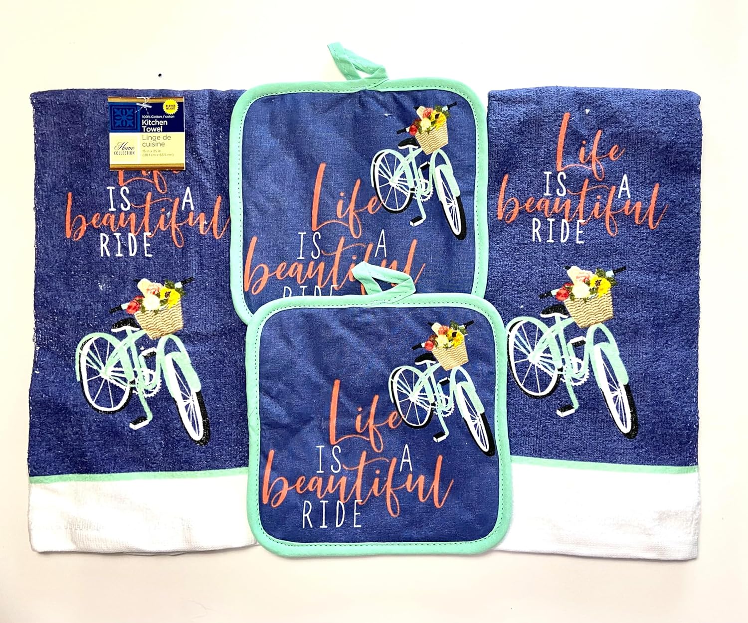 Home Collection Set of 2 Dish Towels and 2 Pot Holders (Life is a Beautiful Ride)