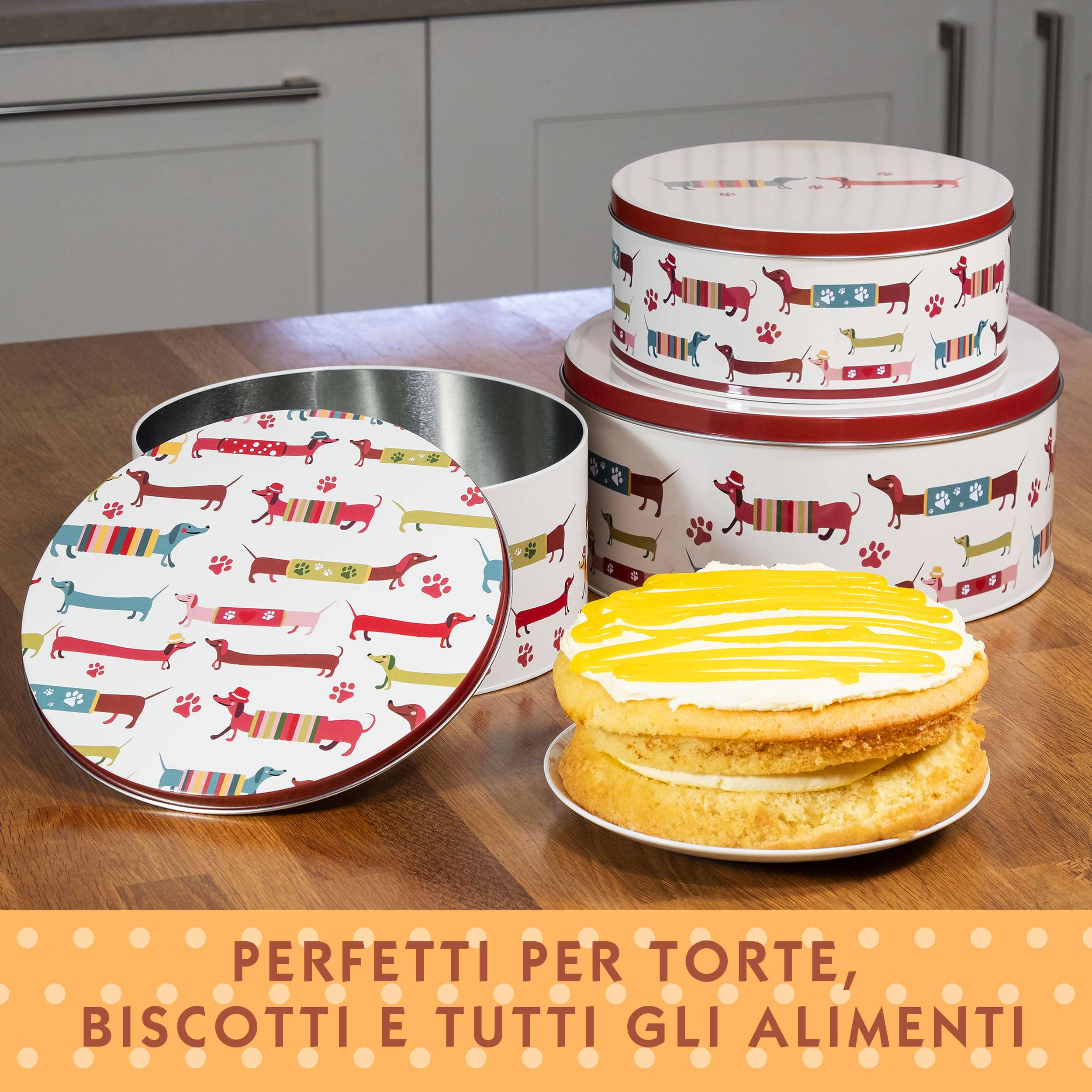 SPOTTED DOG GIFT COMPANY Set di 3 Scatole di Latta, Contenitori Impilabili per Biscotti in Metallo, Barattoli di Latta Rotondi Ermetici per Conservare Torte e Alimenti, Piccola Media Grande - Bassotti