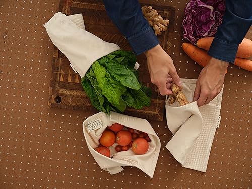 Miniatura 5 de MEEMA Bolsas para verduras  1 grande + 1 juego pequeño de 2  Bolsas para productos para mantener la lechuga y verduras frescas  Algodón reciclado