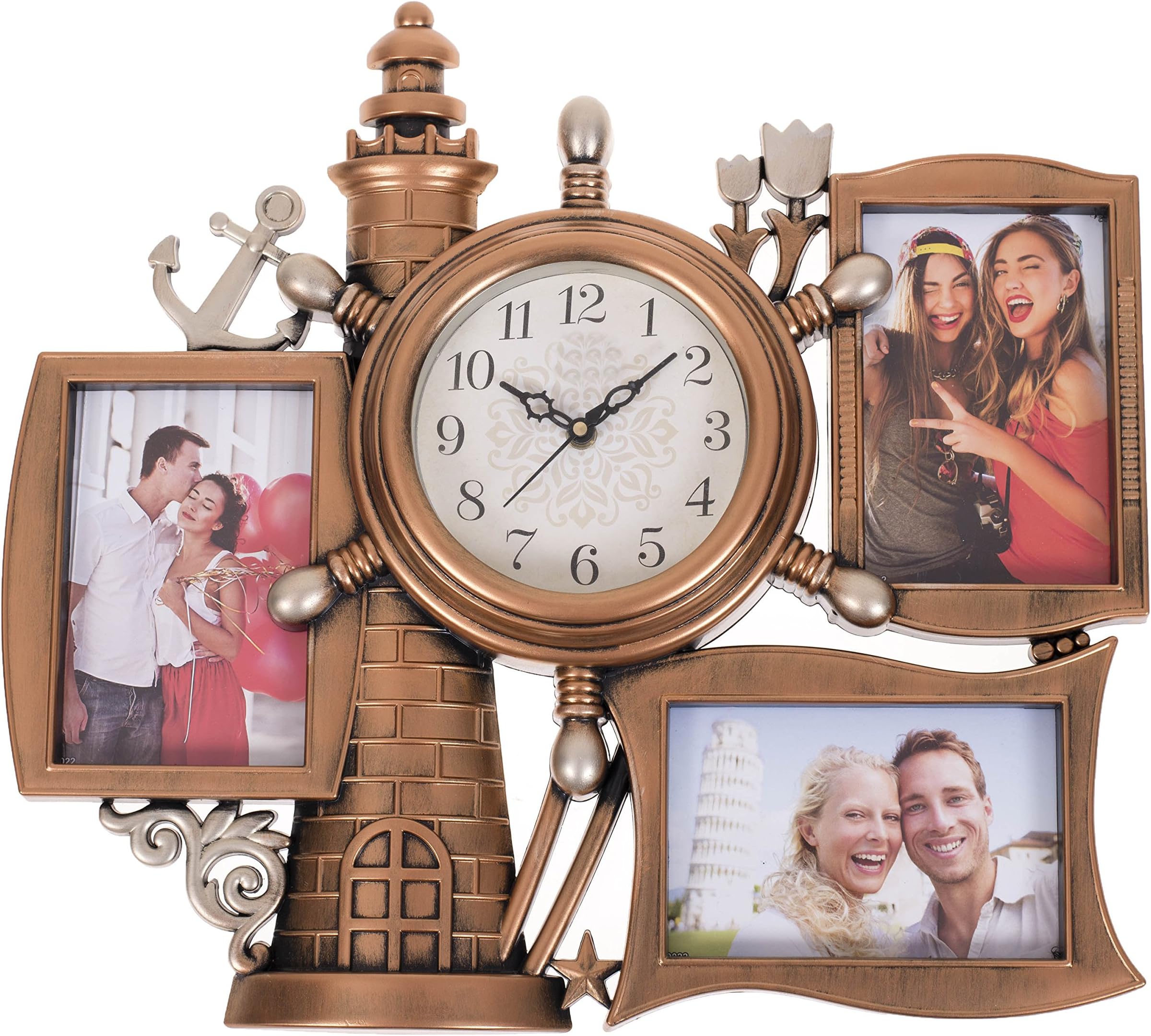 Smera Plastic Lighthouse and Anchor-shaped Wall Clock with 3 Photo Frames (Brown)