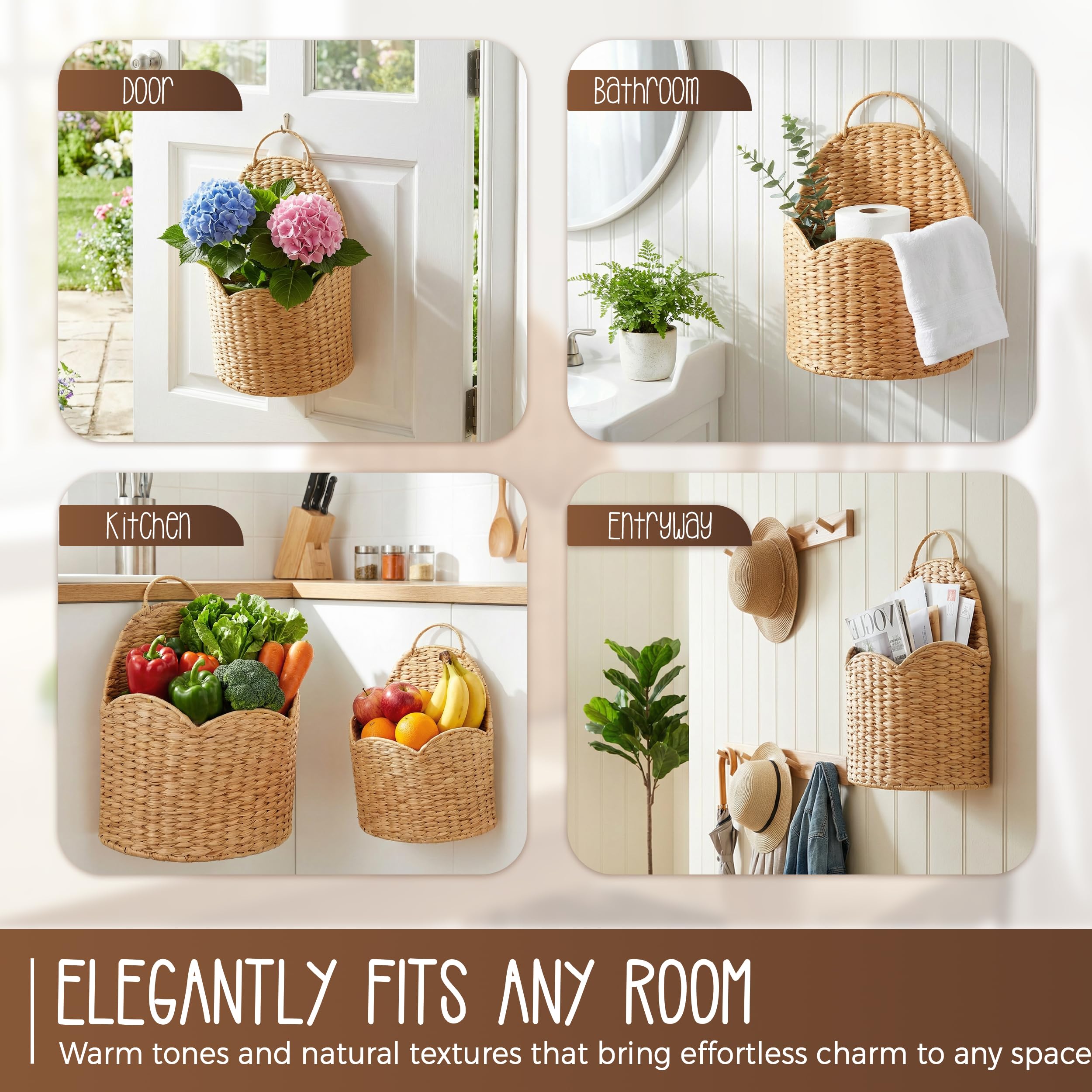 Hängekorb aus Wasserhyazinthe, gewellt, Wand- und Tür-Organizer mit Schlaufengriff, Brief-/Blumenhalter, Boho-Bauernhaus-Wanddekoration, handgewebt in Vietnam, natürlicher gewebter