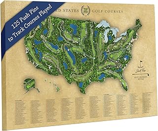 HolyCowCanvas Top 250 Golf Courses in the USA Push Pin Travel Map on Canvas, 150 Private/100 Public Courses, 5 Sizes, United States Map with Push Pins (24"x20", Gallery Wrapped, Golden Sands)