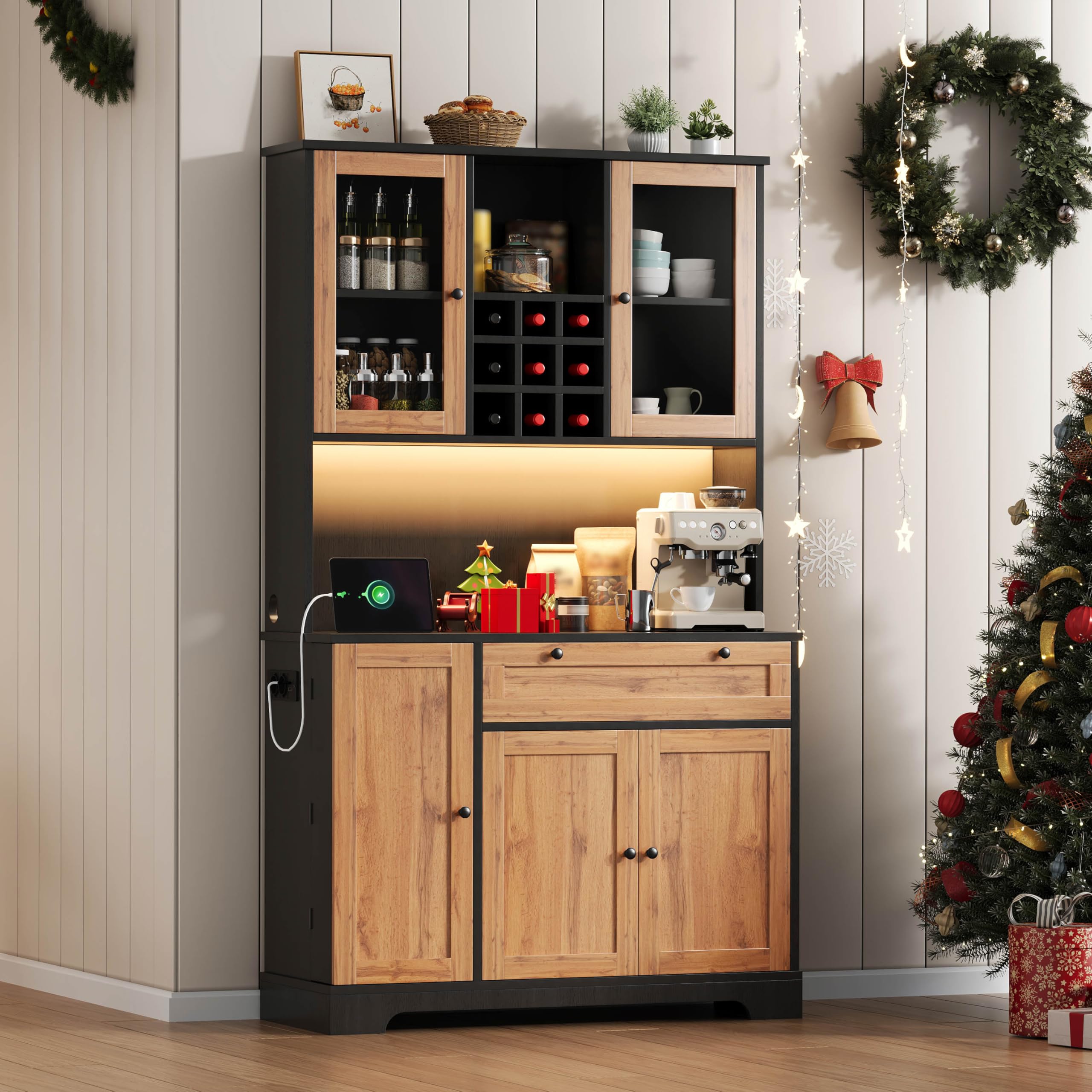 Armoire Buffet Multifonction Haute Cuisine Salon, vitrine Verre trempé, étagères réglables, casier vin, tiroir, Portes, réglette LED RGB télécommande appli, Bloc Prises USB (Blanc+Bois)