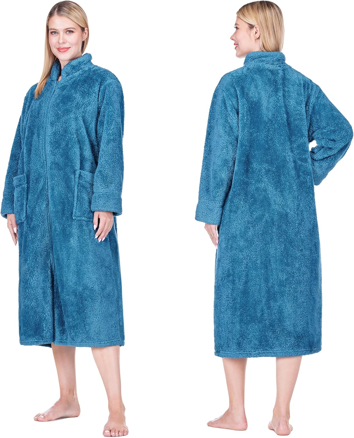 PAVILIA Womens Housecoat Zip Robe, Sherpa Zip Up Front Robe Bathrobe, Plush Warm Zipper House Coat Lounger, Pockets Fluffy - Image 2