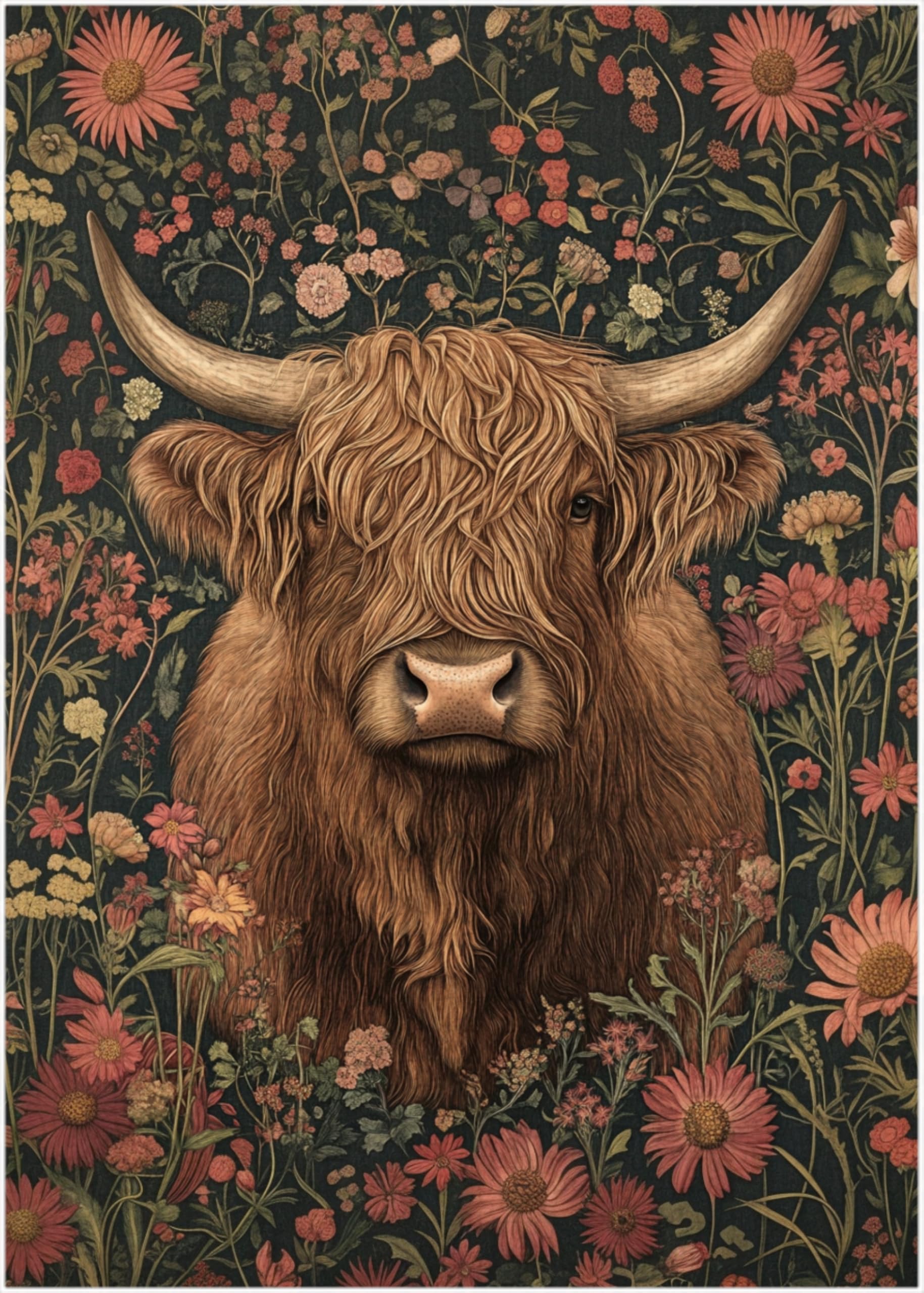Vintage Floral Highland Cow Jigsaw Puzzle 1000 Pieces for Adults - Floral Puzzle Gift for Cow Lovers - 1000pc Heritage Victorian Design Decor Puzzles (50x70cm / 19.685"x27.559")