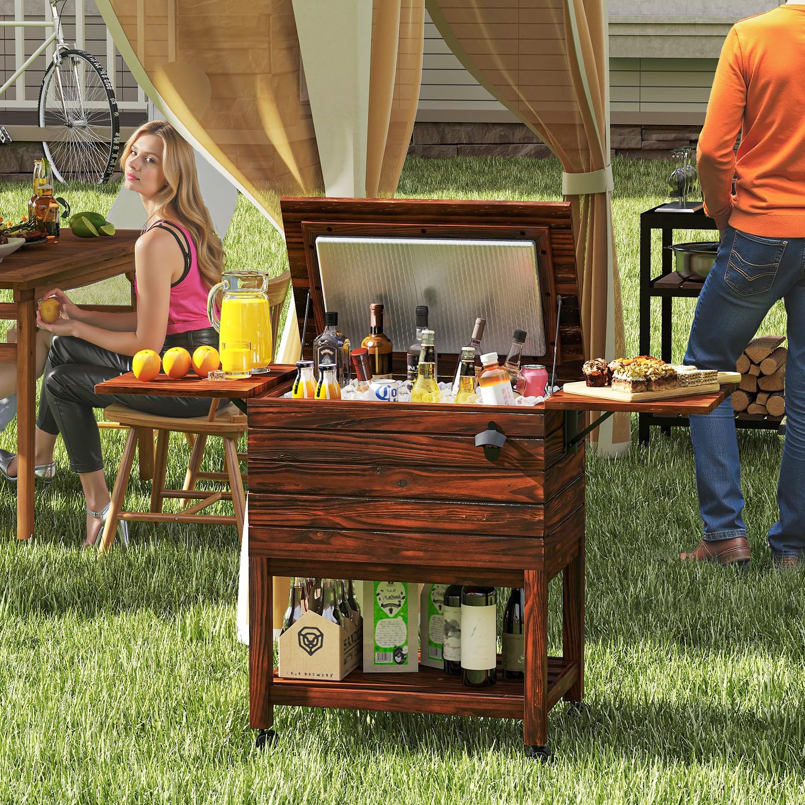 COSTWAY 51L Carrito Nevera con Ruedas, Enfriador de Madera para Patio, con 2 Estantes Plegables y Abrebotellas, Enfriador de Bebidas al Aire Libre para Fiesta, Jardín Trasero