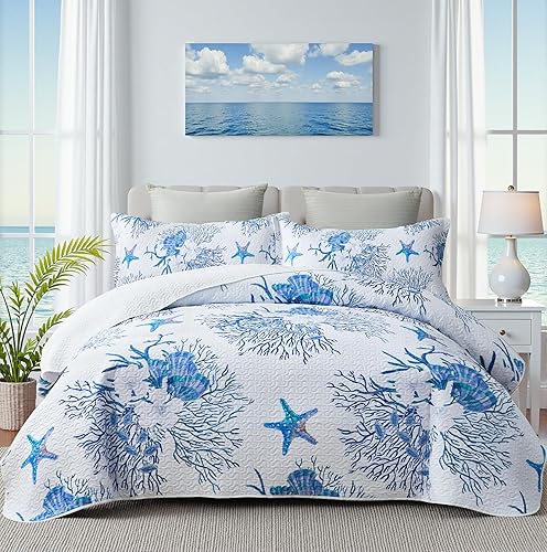 Coastal Bedding - Colcha costera tamaño King con 2 fundas, juegos de edredón náutico de playa, colcha de océano con estrellas de mar azul, ropa de