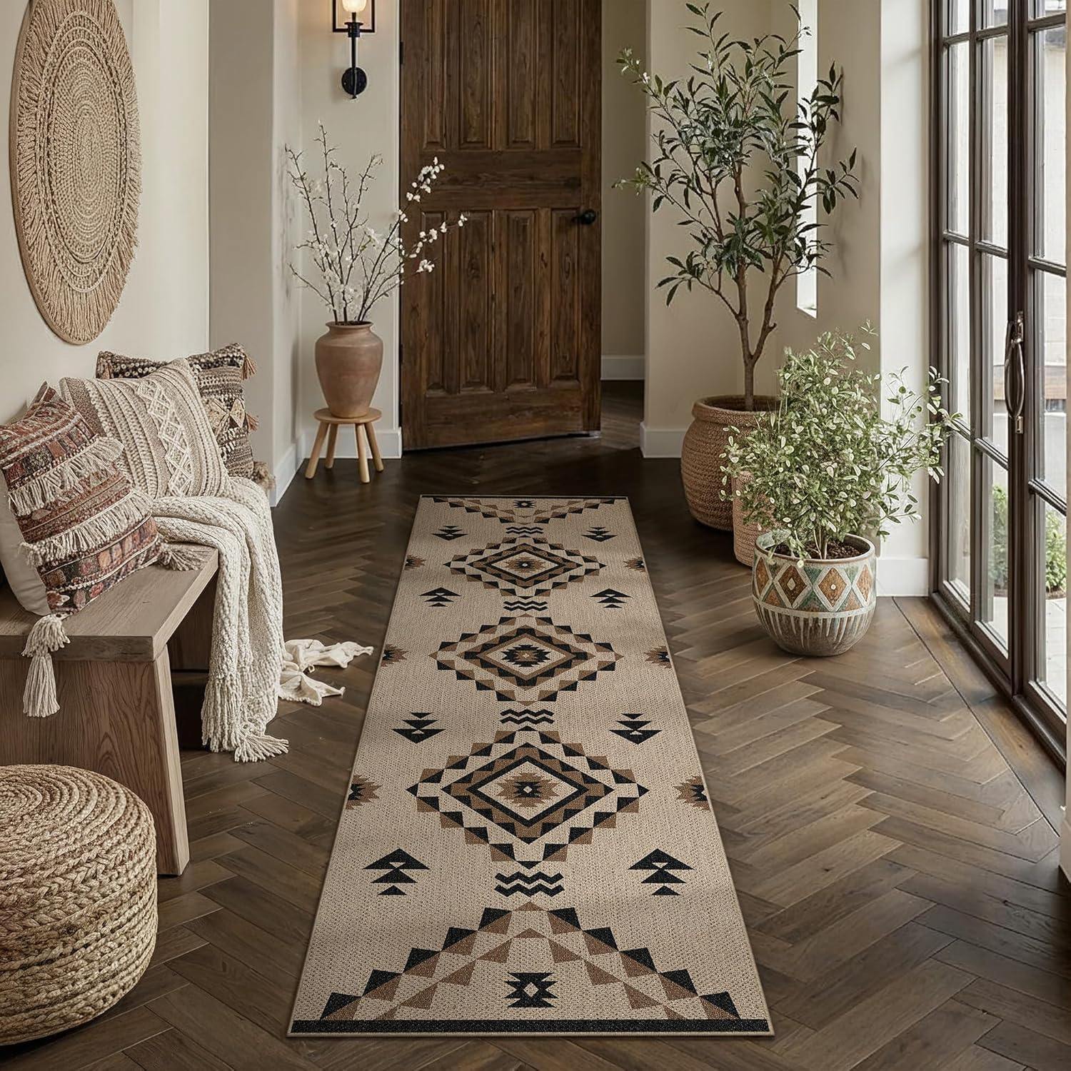 2.6x8 Easy Jute Runner Rug Washable Brown Boho Hallway Outdoor Rug for Patio Lightweight Non Slip No Sheding Carpet Entryway Bathroom Backyard Porch Kitchen