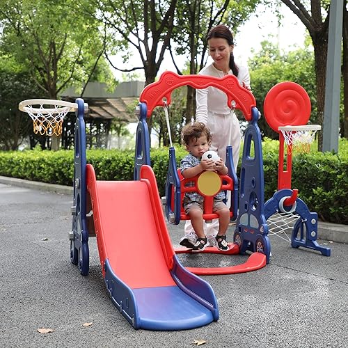 Miniatura 5 de Juego de columpio para escalador 4 en 1, juego independiente para niños pequeños con aro de baloncesto, parque infantil interior y exterior, fácil