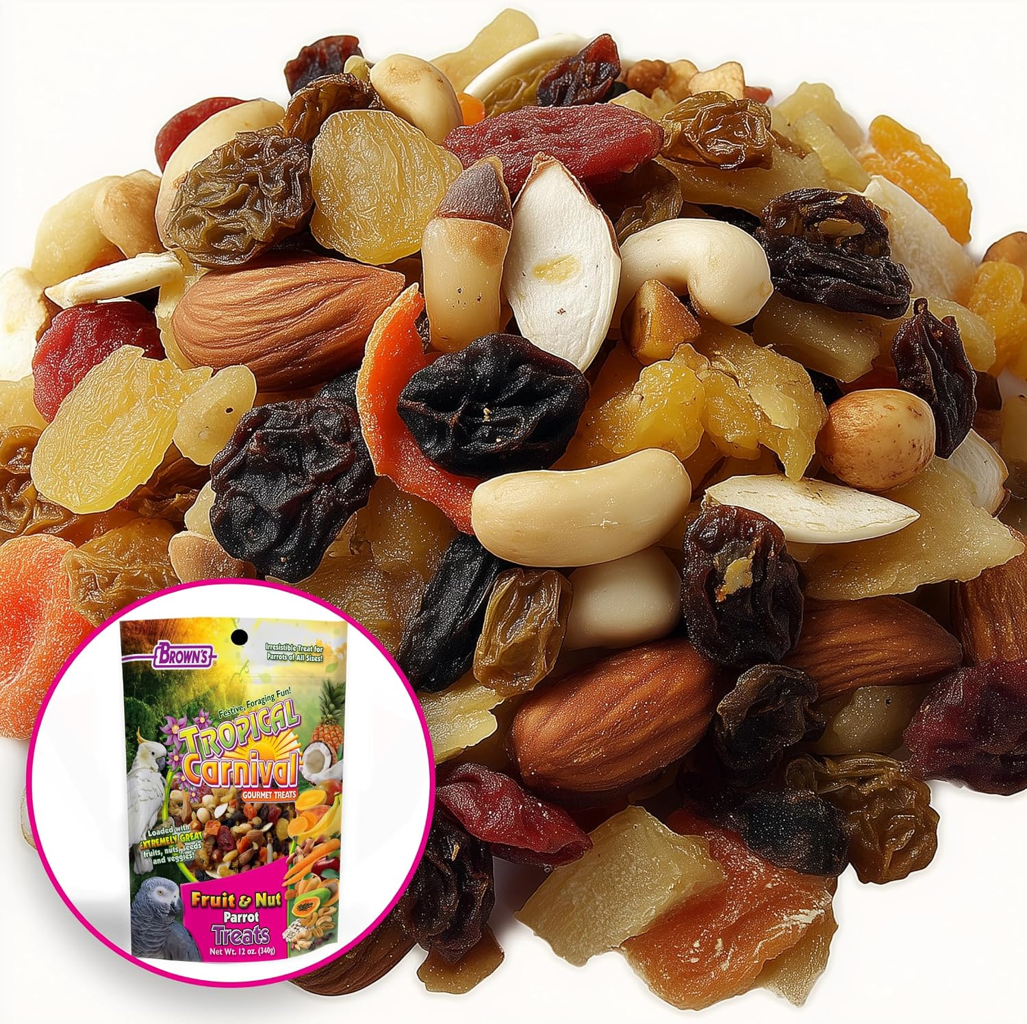Tropical Carnival Brown’s Gourmet Small Hookbill Food & Fruit & Nut Parrot Treat Bundle – Vitamin-Fortified Daily Diet & Reward Mix for Parrots, Conures & Small Hookbills – 10 lb + 12 oz