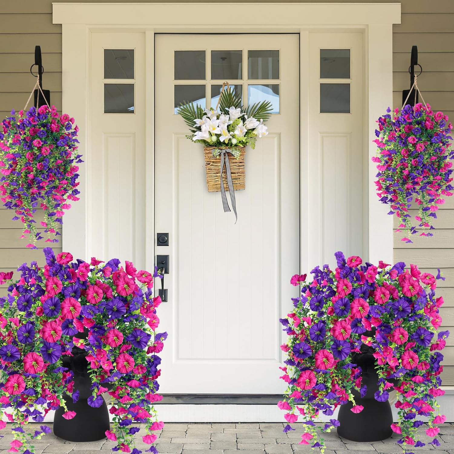 Artificial Fake Hanging Flowers Plants for Outdoor Outside Spring Summer Decoration 2PCS Faux Silk UV Resistant Realistic Morning Glory with Eucalyptus for Home Porch Patio Balcony(Purple & Magenta) - Image 2