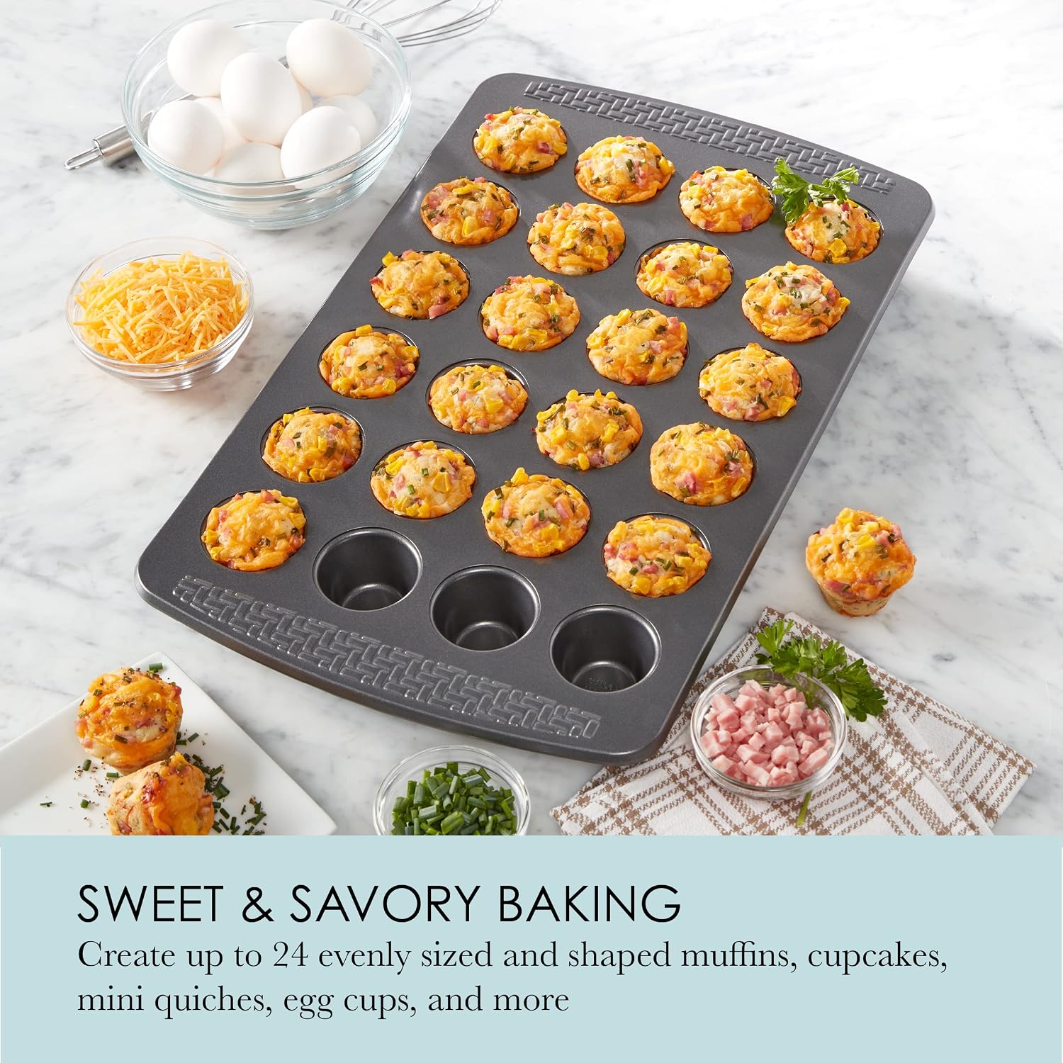 Chicago Metallic Everyday Non-Stick 24 Cup Muffin and Cupcake Pan. Perfect for creating evenly sized muffins, cupcakes, mini quiches, egg cups, and more