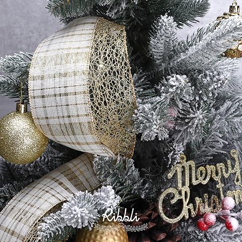 Miniatura 10 de Ribbli Cinta dorada champán con alambre, malla metálica de arpillera con purpurina, cinta de organza transparente, cinta de Navidad para