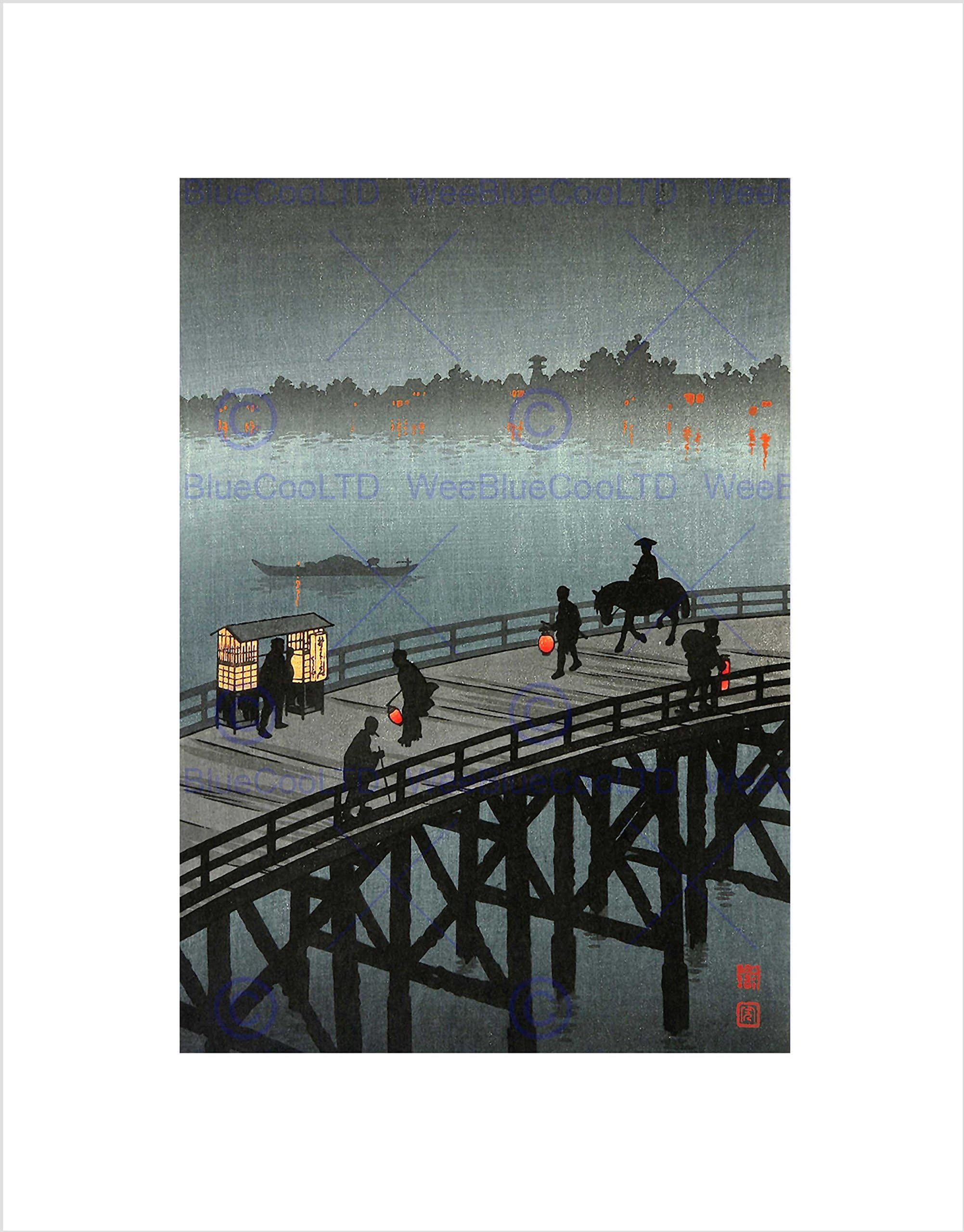 Wee Blue CooCULTURAL LANDSCAPE JAPAN KOHO SILHOUETTE BRIDGE WATER FRAMED ART PRINT B12X6759