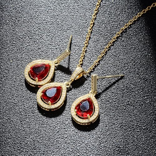 Teardrop Jewelry Set for Women - Sterling Silver Small Teardrop Cubic Zirconia Crystal CZ Rhinestone Drop Earrings and Pendant Necklace Set for Wedding Bride Bridesmaids Mother of Bride Prom Party Bridal Costume Jewelry(Red)