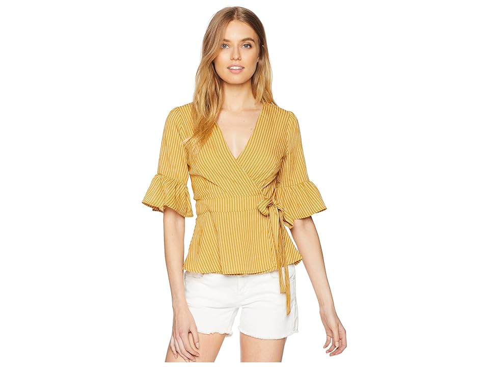 

J.O.A. Ruffle Sleeve Wrap Top (Mustard Stripe) Women's Clothing, Yellow