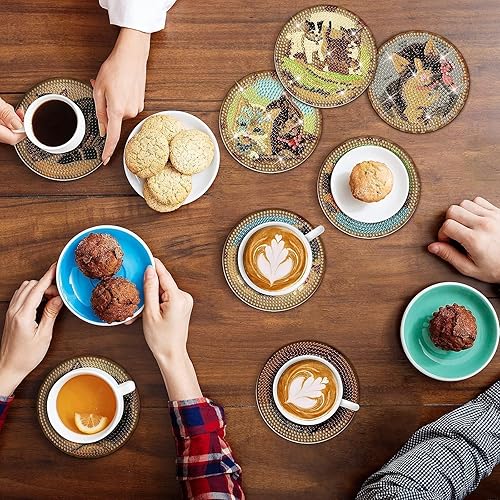 Miniatura 6 de Juego de 8 posavasos de pintura de diamante con soporte para bricolaje, lindo gato de diamante, posavasos antideslizantes para adultos, kits de