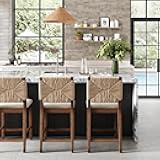 Nathan James Beacon Bohemian Boucle Bar Stool, Upholstered Bar Stool or Island Chairs for Kitchen, Seagrass Counter Height Stool with Back and Solid Wood Legs, Cream Boucle/Dark Brown, Set of 3