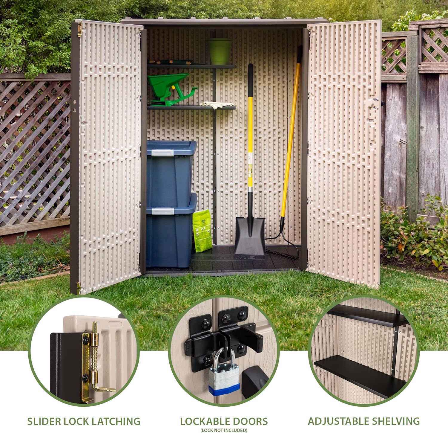 Lifetime Vertical Storage Shed, Desert Sand, Resin Outdoor Tool Shed with Lockable Doors and Weather-Resistant Panels