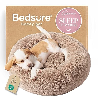 Bedsure Calming Dog Bed for Small Dogs - Donut Washable Small Puppy Bed, 23 inches Anti-Slip Round Fluffy Plush Faux Fur Large Cat Bed, Fits up to 25 lbs Pets, Camel