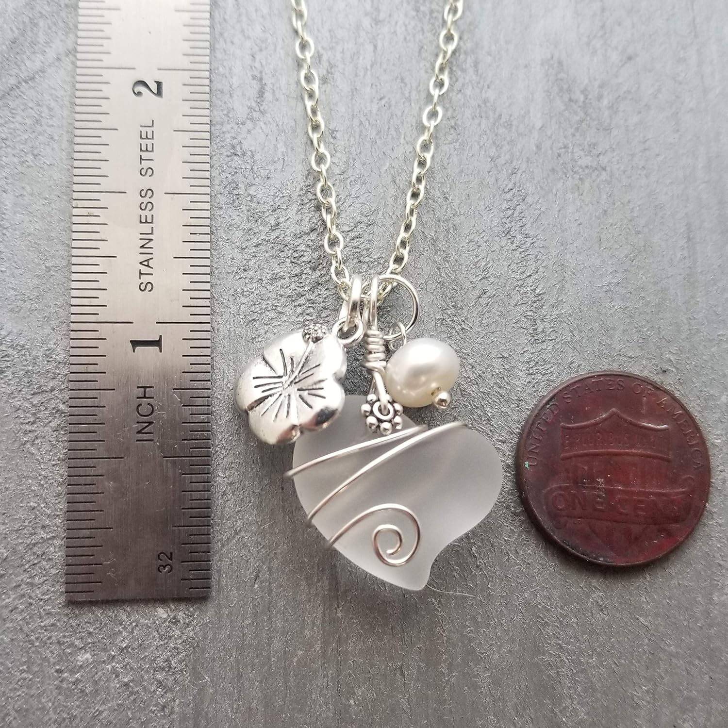 Handmade Sea Glass Necklace, Wire Heart Necklace, Charm and Pearl Necklace, Sea Glass Jewelry Birthday Gift For Women