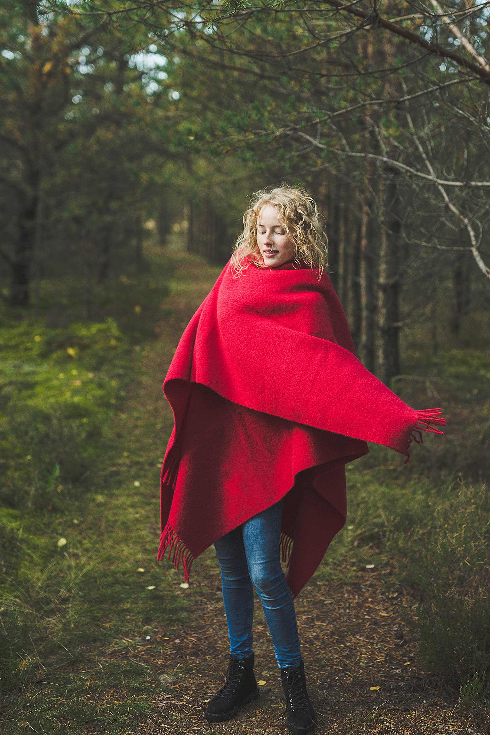 Bufanda para mujer, 100 % lana de Nueva Zelanda, poncho, estola y paño para cubrir – para mujeres – 130 x 170 cm con flecos, rojo,