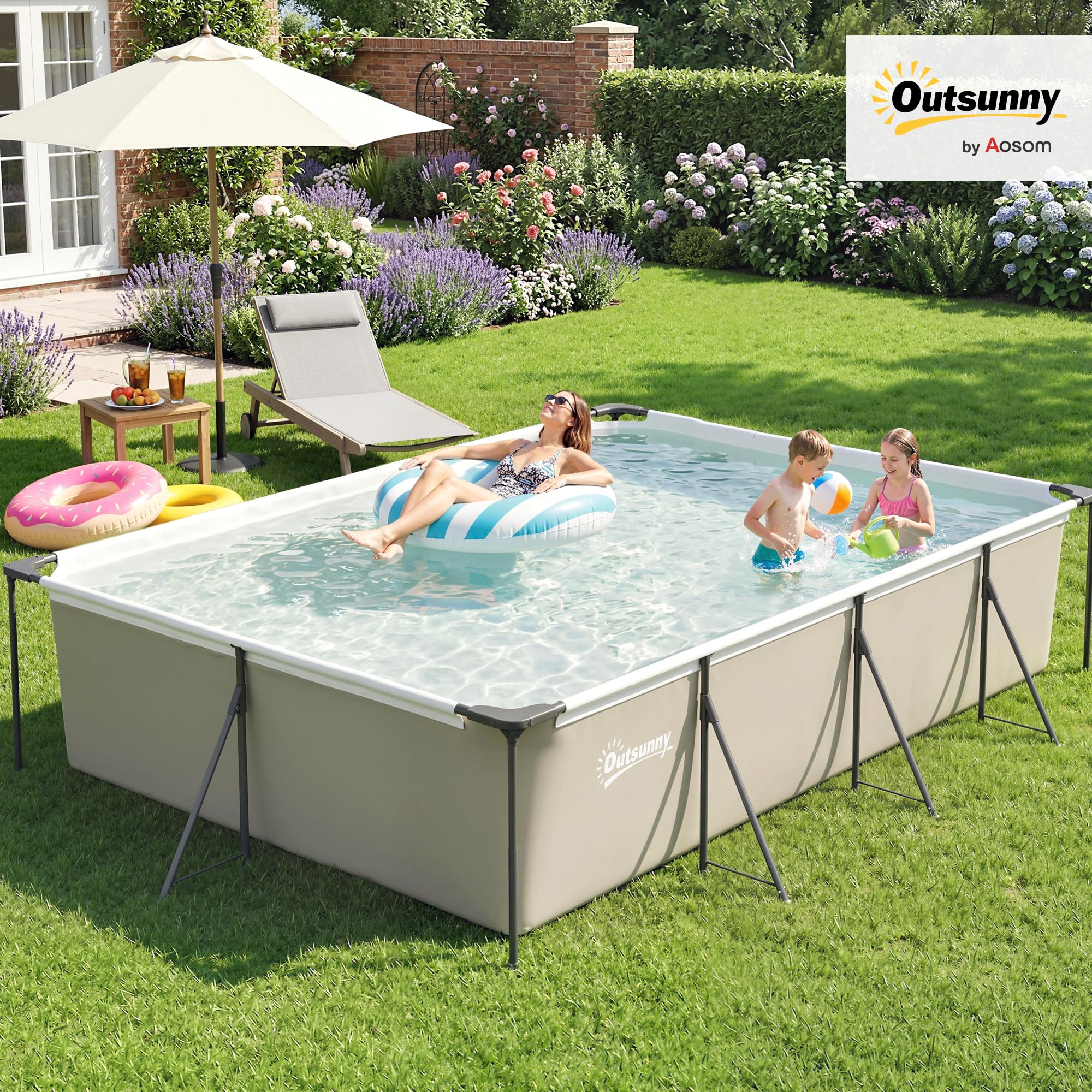Outsunny Piscine Tubulaire Rectangulaire 394,5x208,3x80,5 cm 6075 L Gris | Nouvelle Structure Stable Antirouille, Piscine Hors Sol Famille De Jardin, Bassin PVC Triple Couche, Montage Facile