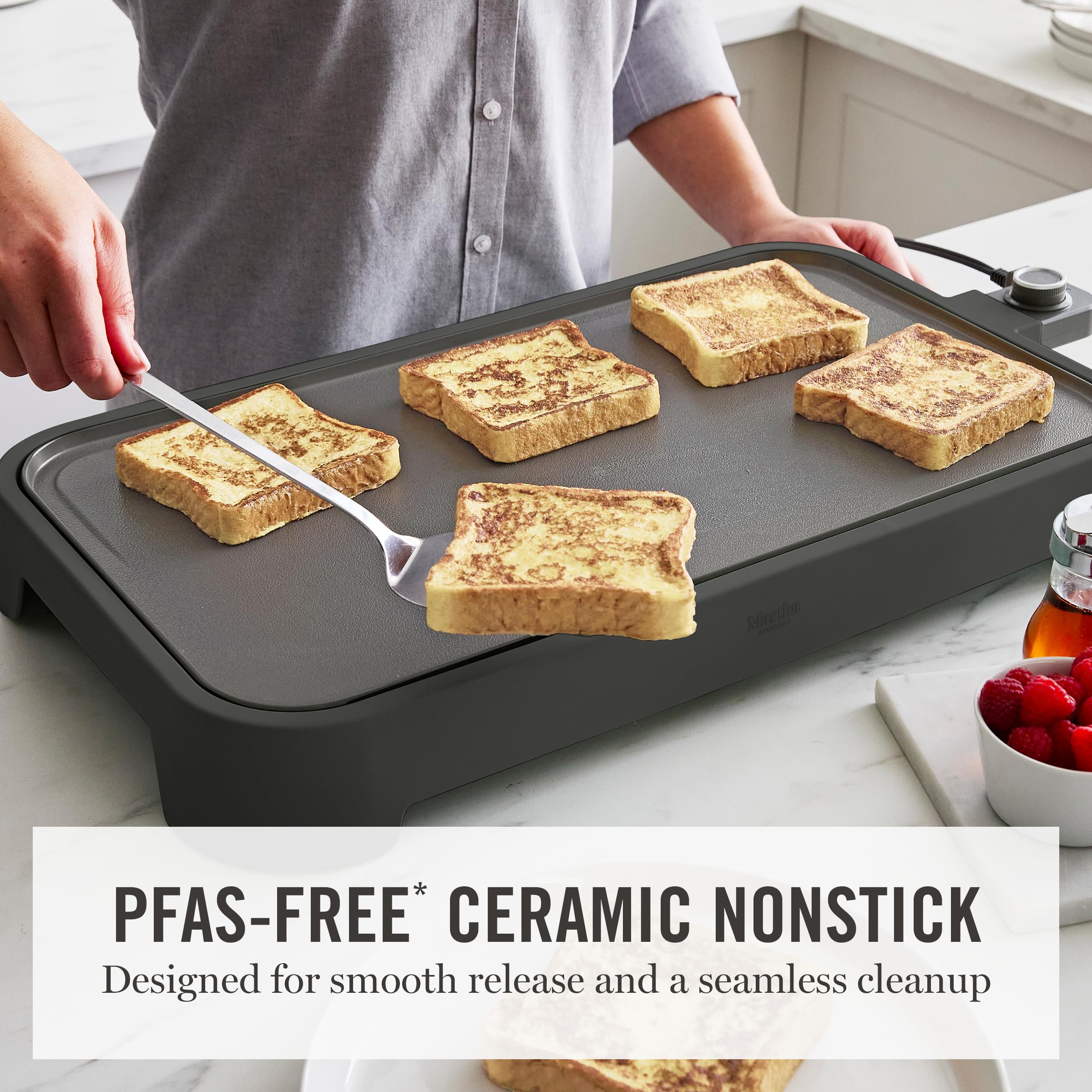 Martha Stewart 12” x 22” Electric Griddle, XL Ceramic Nonstick Flat Top Cooking Surface, Adjustable Temperature Dial, Drip Tray, Dishwasher Safe, 1500W Fast Even Heating, Pancakes & Eggs, Caviar Gray - 5